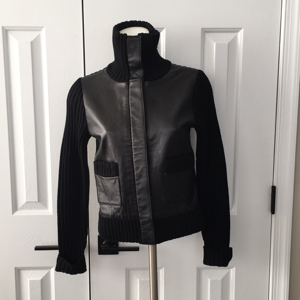 Context black funnel neck real leather n knit snap up cardigan sweater NWOT